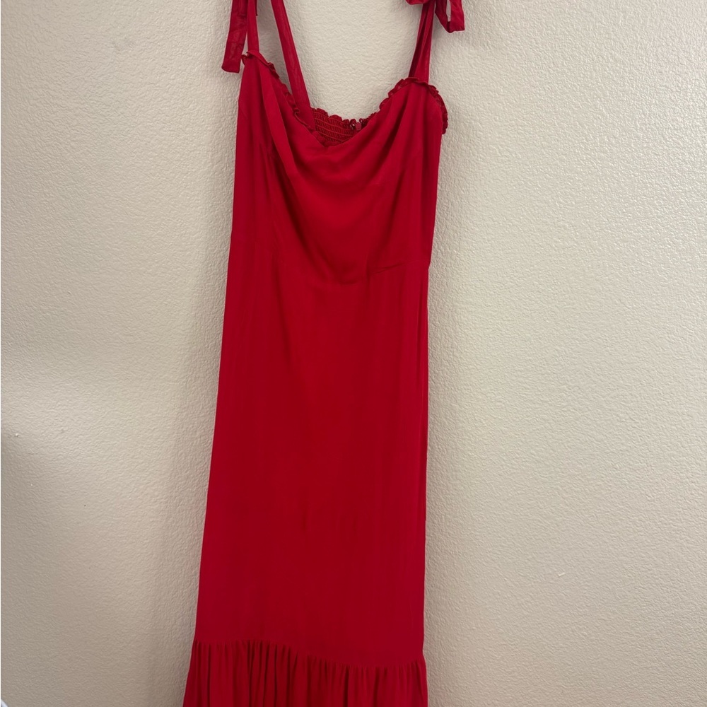 - Reformation Ruffle Trim Red Midi Dress